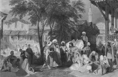 De Aurut Bazaar, of Slavenmarkt, Constantinopel (gravure)