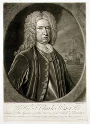 Portret van Sir Charles Wager, Admiraal van het Blauwe Eskader, gegraveerd door John Faber