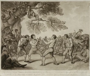 De bokswedstrijd tussen Daniel Mendoza en Richard Humphreys in Stilton, Huntingdonshire, 6 mei 1789, gegraveerd door Joseph Grozer (c.1755-99)