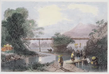 Bamboe Aquaduct in Hong Kong, gegraveerd door Henry Adlard, uit 