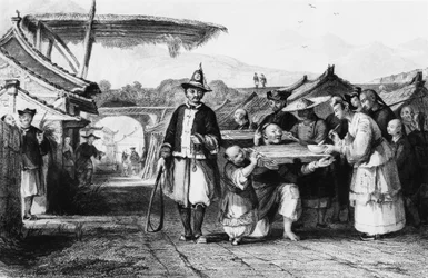 Straf met tcha of cangue (houten juk of schandpaal), gravure door Thomas Allom (1804-1872) uit Chinees Keizerrijk
