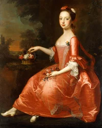 Portret van een jonge dame, zittend in volle lengte, in een rode jurk