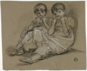 Twee meisjes spelen op kammen (recto); Schets van zittende vrouw met fragment van een andere figuur (verso)