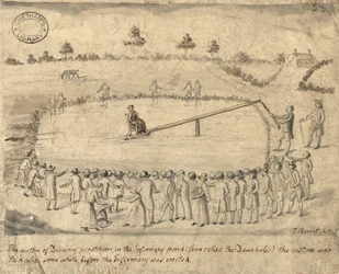 Prostituees onderdompelen, Manchester, 1819 (pen en inkt en was op papier)