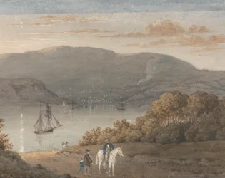 Port Louis vanaf La Petite Montagne (schemering) met een ruiter en figuren op de voorgrond