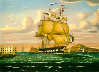 Pakketboot die Castle Williams passeert, New York Harbor