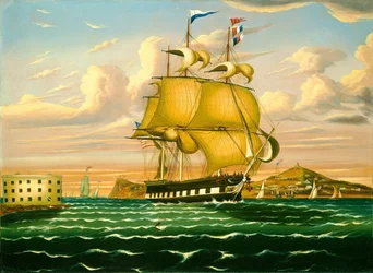 Pakketboot passeert Castle Williams, haven van New York