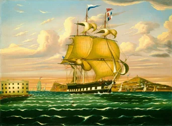 Pakketboot passeert Castle Williams, haven van New York, midden 19e eeuw (olieverf op doek)