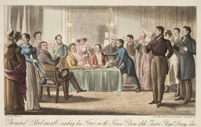 Bernard Blackmantle leest zijn klucht in de Groene Kamer van Covent Garden Theatre, uit The English Spy, uitgegeven 1824