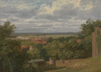 Greenwich Hospital vanaf het observatorium met een verre blik op Londen