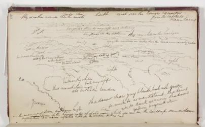 Mist over de Lower Country vanaf de Catskill Mountains, tussen 1801 en 1848 (pen en bruine inkt over grafietpotlood op gebroken wit papier)