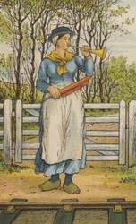 Onderweg van Caen naar Parijs: een spoorwegovergang (kleur litho)