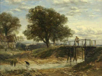 Landschap met stroom, brug en huisje