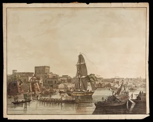 Calcutta vanaf de rivier Hoogly: Gentoo-gebouwen uit de Zichten van Calcutta, 1788