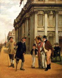 Het verhaal van de bewoners, voor het King Charles court gebouw bij Greenwich Hospital, een bewoner met een houten been, gekleed in het reglementaire uniform, spreekt met een bezoekend paar en hun zoon, om hen heen, twee andere bewoners