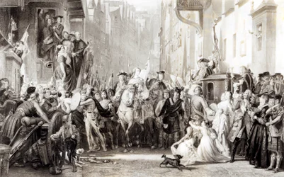 Prins Charles Edward (1720-88) en de Hooglanders betreden Edinburgh na de Slag bij Preston, 21 september 1745