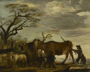 Een boer die vee, schapen en geiten in een landschap drijft, c.1785