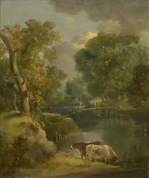 Een rivierlandschap met twee koeien en een figuur op een brug, 18e eeuw