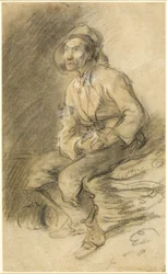 Een houthakker zittend op een bundel takkenbossen