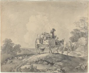 Veedrijver met kalveren in een landelijke kar