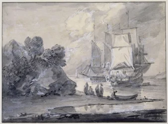Kustscène met figuren en schepen