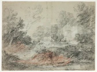 Landschap met gebouwen bij een stroom