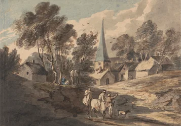 Reizigers te paard naderen een dorp met een torenspits
