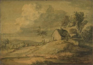 Boslandschap met huisje, koeien en schapen, ca. 1770