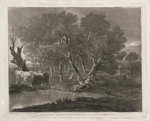 Boslandschap met Koeien bij een Vijver, Figuren en Huisje