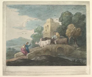 Boslandschap met herders die vee over een brug drijven, rustieke geliefden en een vervallen kasteel
