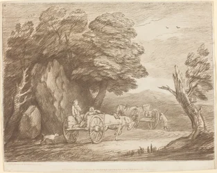 Boslandschap met Twee Landelijke Karren en Figuren