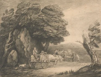 Bosrijk landschap met twee landkarren en figuren