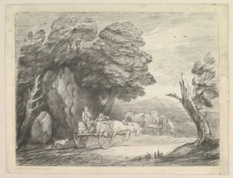 Boslandschap met twee landkarren en figuren, 1 augustus 1797