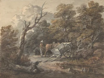 Boslandschap met een boer, een paard en een kar