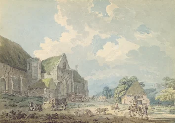 De tiendschuur in Abbotsbury met de abdij op de heuvel, ca. 1795