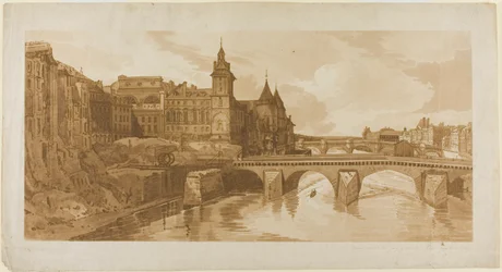 Uitzicht op Pont au Change, het Stadstheater, Pont Neuf, Conciergerie Gevangenis, enz. genomen vanaf Pont Notre Dame, uit 