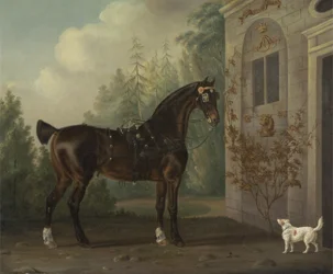 Donkerbruine koetspaard van Lord Abergavenny met een terriër