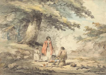 Boslandschap met figuren rond een kookpot