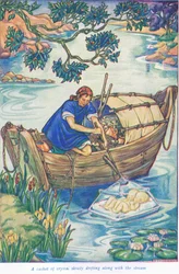 Een kist van kristal drijft langs de stroom (kleurenlitho)