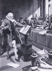 Galileo verschijnt voor de kardinalen in Rome, illustratie uit 