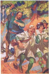 Hij dreef de drie voor zich uit, hun kreten van woede en pijn overstemd door zijn gebrul van gelach (kleurenlitho)