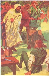 Hij stroopte zijn mouw op en stak zijn arm omhoog om de vogelvrije vol op de borst te slaan (kleurenlitho)