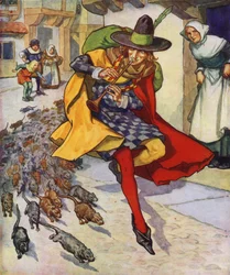 Illustratie voor De rattenvanger van Hamelen (kleurenlitho)