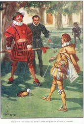 "Leg uw wapens neer, mijne heren!" riep de reus met donderende stem (kleurenlitho)