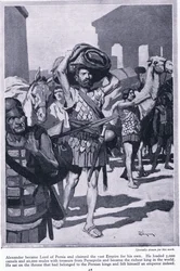 Een stad van schatten plunderen: Alexander werd heer van Perzië. Hij laadde alle schatten uit Persepolis om heel rijk te worden, ca 1950 (litho)