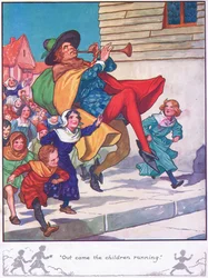 De kinderen renden naar buiten (kleurenlitho)