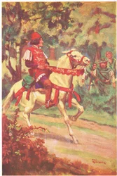 Robin en zijn metgezel zagen meester Patrington naar hen toe rijden (kleurenlitho)