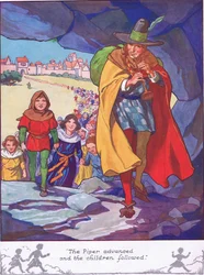 De doedelzakspeler ging vooruit en de kinderen volgden (kleurenlitho)