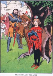 De zoon van William Tell en de appel (kleurenlitho)