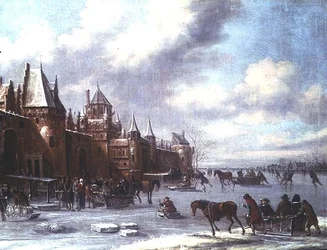 Nederlandse estuariumscène met schaatsende figuren en een kasteel op de achtergrond